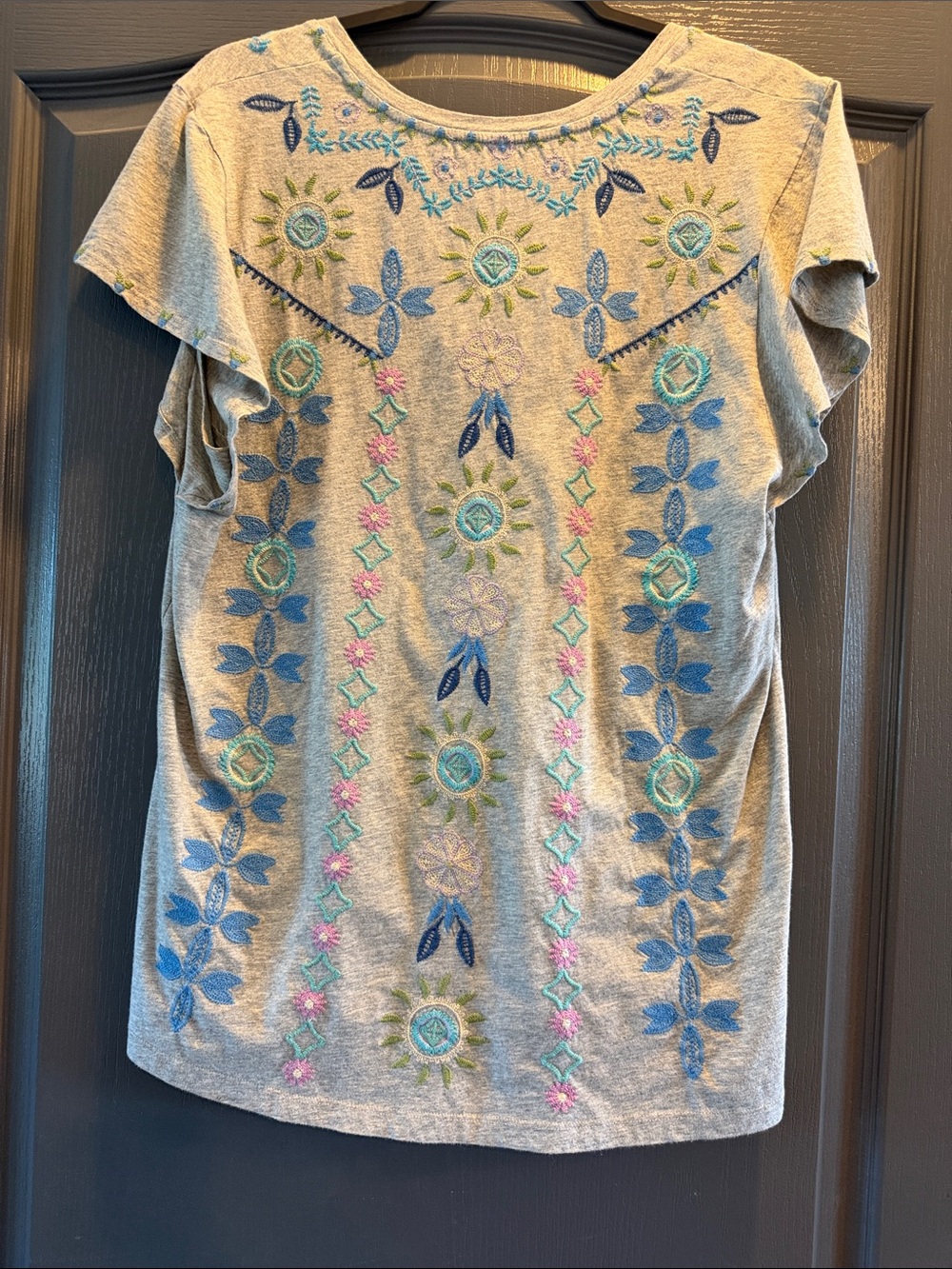 Johnny Was Grey Tee with Blue and Green Floral Embroidery - Picture 5 of 6